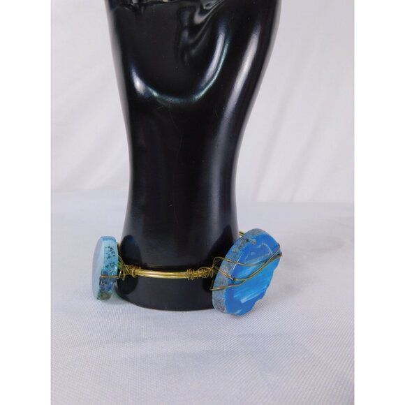 Handmade Bangle Bracelet Wire Wrapped Gold Tone Boho Statement Agate Jewelry - Picture 5 of 7